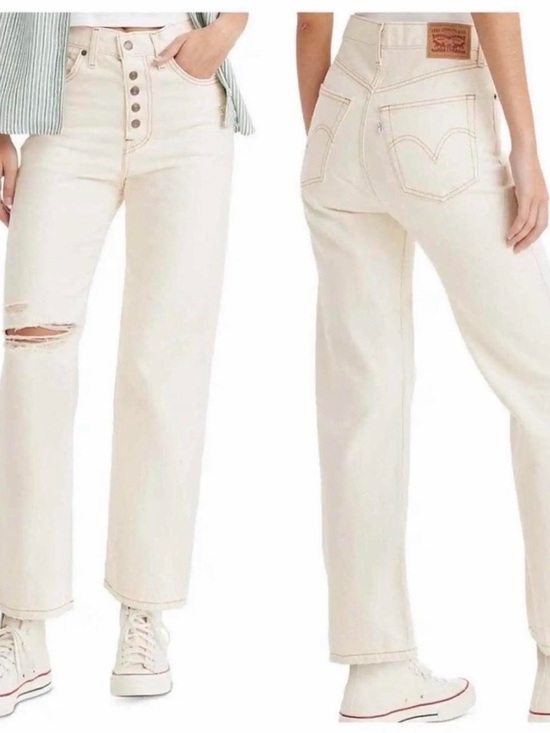 Levi's Denim - Levi's Women’s Cream Ribcage Straight Ankle Distressed Button Fly Denim Jeans 31